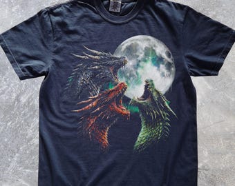Mythical Dragons Howling At Moon T-Shirt, Medieval Fantasy Creatures Tee, Dark Gothic Beast Shirt