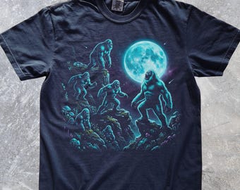 Moonlit Bigfoot T-Shirt, Sasquatch Tee, Cryptid Forest Shirt, Celestial Moon Art