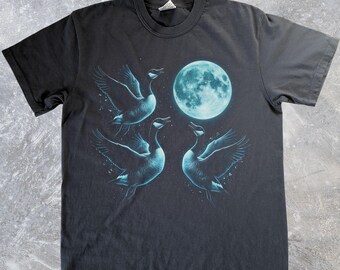 Moonlit Geese T-Shirt, Celestial Bird Tee, Full Moon Goose Shirt, Mystic Wildlife