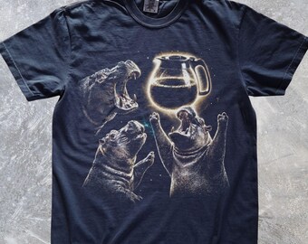 Three Hippos Coffee Moon T-Shirt, Funny Caffeine Worship Tee, Retro Animal Shirt