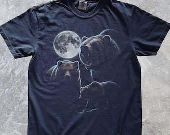 Three Bears Moon Graphic Tee, Roaring Grizzly Nature T-Shirt, Celestial Forest Wildlife Shirt