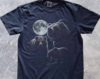 Three Bears Moon Graphic Tee, Roaring Grizzly Nature T-Shirt, Celestial Forest Wildlife Shirt