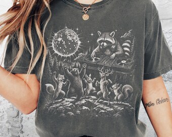 Funny Woodland Disco T-Shirt, Raccoon DJ Party Tee, Retro Wildlife Dance Club Shirt