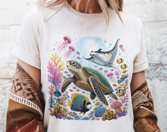 Sea Turtle T-Shirt, Vibrant Ocean Life Tee, Tropical Coral Reef Colors® Shirt