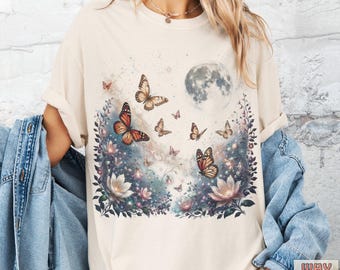 Dreamy Moon Butterfly T-Shirt, Celestial Garden Tee, Botanical Floral Art Comfort Colors® Shirt