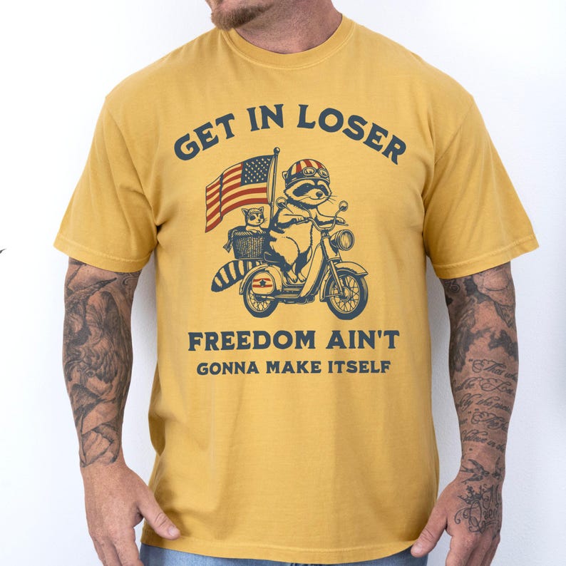 Funny Patriotic Raccoon Comfort Colors T-Shirt: 4th of July Gift Mustard