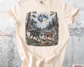 Three Wolves Running T-Shirt, Full Moon Nature Graphic Tee, Wolf Lover Comfort Colors® Shirt