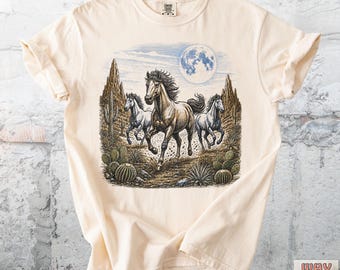 Wild Horses Running T-Shirt, Moonlit Western Graphic Tee, Horse Lover Comfort Colors® Shirt