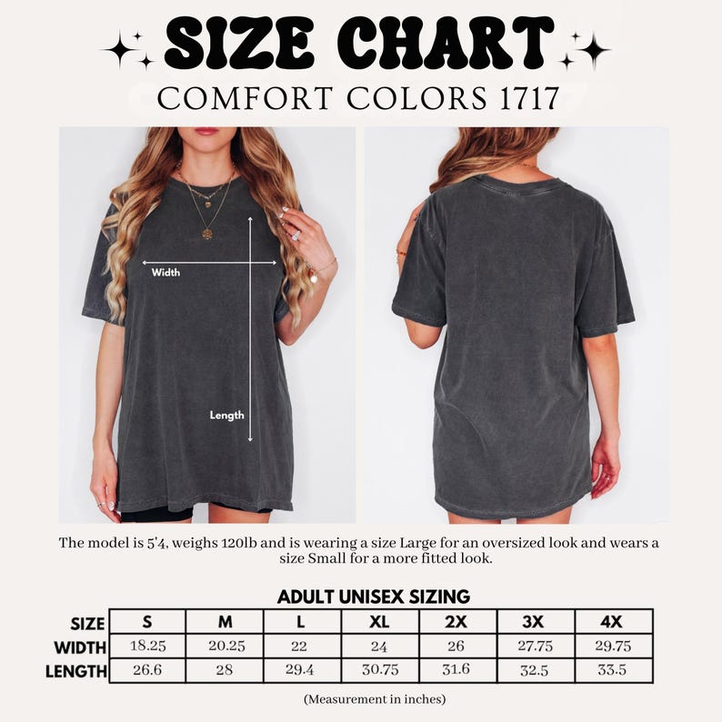 May include: Size chart for a unisex t-shirt in various sizes from S to 4X. The chart shows the width and length measurements in inches for each size.