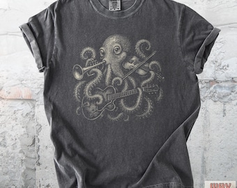 Vintage Musical Octopus T-Shirt, Music Lover Tee, Retro Jazz Sea Creature Comfort Colors® Shirt