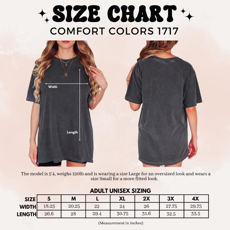 K&ouml;nnte beinhalten: Gr&ouml;&szlig;entabelle f&uuml;r Comfort Colors 1717 Unisex-T-Shirts. Die Tabelle zeigt Breiten- und L&auml;ngenma&szlig;e in Zoll f&uuml;r die Gr&ouml;&szlig;en S bis 4XL. Das Model ist 1,63 m gro&szlig; und wiegt 54 kg, tr&auml;gt Gr&ouml;&szlig;e L f&uuml;r einen Oversized-Look und Gr&ouml;&szlig;e S f&uuml;r eine engere Passform.