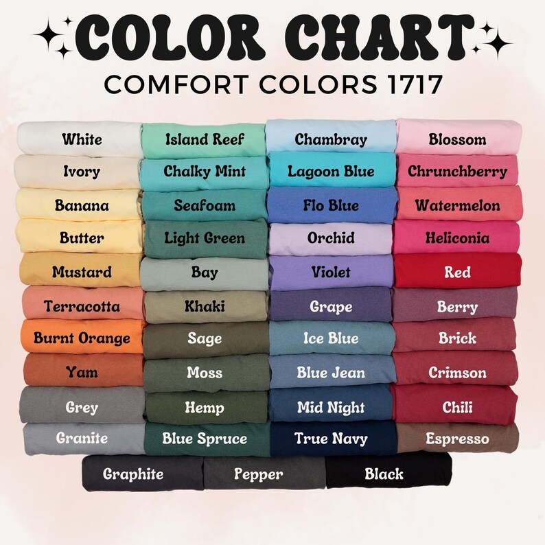 K&ouml;nnte beinhalten: Eine Farbkarte mit einer Vielzahl von Stofffarben, darunter Wei&szlig;, Elfenbein, Banane und Senf. Die Karte zeigt auch Farbt&ouml;ne wie Terrakotta, gebranntes Orange und Yamswurzel. Der Text "COLOR CHART COMFORT COLORS 1717" steht oben.
