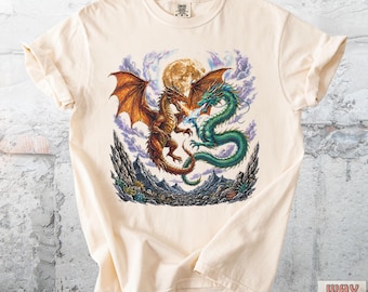Epic Dragon Battle T-Shirt, Western Fire Beast Tee, Asian Sky Guardian Comfort Colors® Shirt