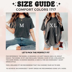 K&ouml;nnte beinhalten: Gr&ouml;&szlig;entabelle f&uuml;r Comfort Colors 1717 T-Shirts. Das Bild zeigt zwei Models, die verschiedene Gr&ouml;&szlig;en desselben Shirts tragen. Der Text lautet "M" und "XL". Der Leitfaden gibt Empfehlungen zur Passform f&uuml;r eine lockere Passform oder ein &uuml;bergro&szlig;es T-Shirt-Kleid.