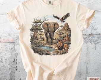 African Safari Wildlife T-Shirt, Elephant Lion Savanna Art, Nature Lover Comfort Colors® Shirt