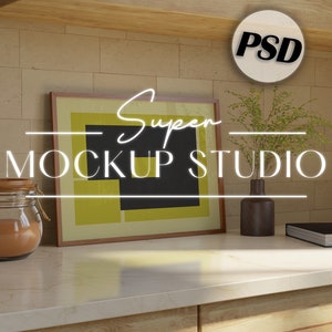 Wooden Horizontal Frame Mock, Kitchen Frame Mockup Landscape Side view, Wall Art Mockup, Wood Frame Mockup,Frame Mockup, Mock Up Frame,A4,A3