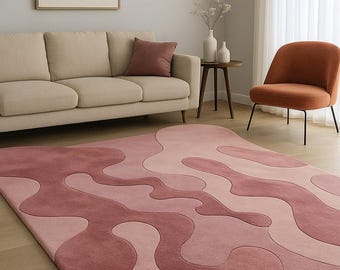 Abstract Pink Area Rug, Hand Tufted 100% Premium Wool Modern Floor Carpet, Contemporary Wavy Design Rug for Living Room Bedroom Home Decor