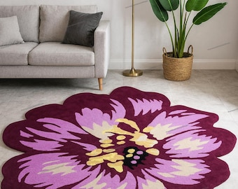 Purple Flower Shaped Rug, Hand Tufted 100% Wool Area Rug, Designer Carpet for Living Room, Bedroom & Modern Home Decor