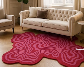 Hand Tufted Wool Rug, Abstract Pink & Red Organic Shape