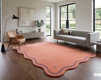 Hand Tufted Wool Wavy Edge Rug, Peach Pink Scandinavian Carpet, Contemporary Living Room Decor
