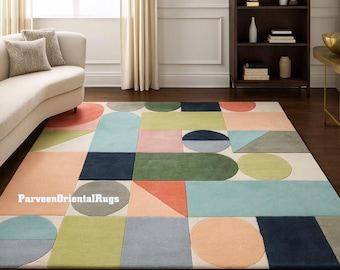 Colorful Geometric Rug, Mid Century Inspired Area Rug – 100% Wool Hand-Tufted Carpet Modern Color Block Area Rug For Living room, Bedroom