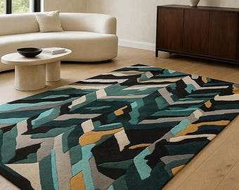 Hand Tufted Abstract Rug, 100% Wool Area Rug, Modern Geometric Pattern Carpet, Teal Black Contemporary Living Room Home Decor
