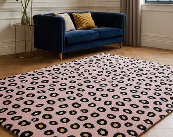 Pink Leopard Pattern Rug, Hand Tufted 100% Wool Area Rug, Handmade Designer Rug, Trendy Home Decor