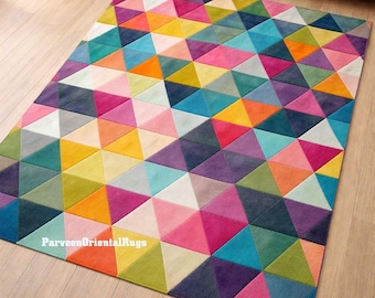 Multicolor Triangle Rug, Hand Tufted 100% Wool  Area Rug, Handmade Geometric Pattern Carpet For Stylish Interiors And Contemporary Home