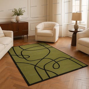 Olive Green Rug with Black Abstract Lines –Hand-Tufted Modern Minimalist Carpet for Living Room, Bedroom