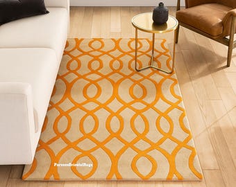 Hand Tufted Geometric Rug in Beige & Orange Color Area Rug, 100% Wool Designer Carpet for Living Room, Bedroom And Modern Interiors