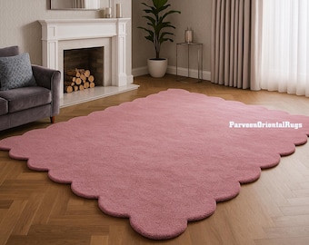 Scalloped Edge Area Rug, Blush Pink Handmade Rug, Modern Minimal Living Room Carpet Area Rug For Living room, Bedroom