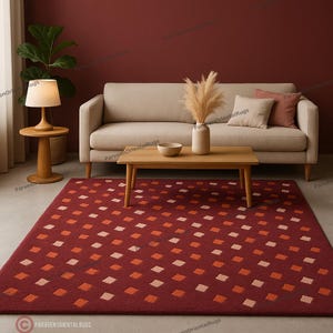 Rust Red Geometric Area Rug–Handcrafted Minimalist Carpet with Retro Diamond Pattern, Mid-Century Living Room Rug, 100% New Zealand Wool Rug