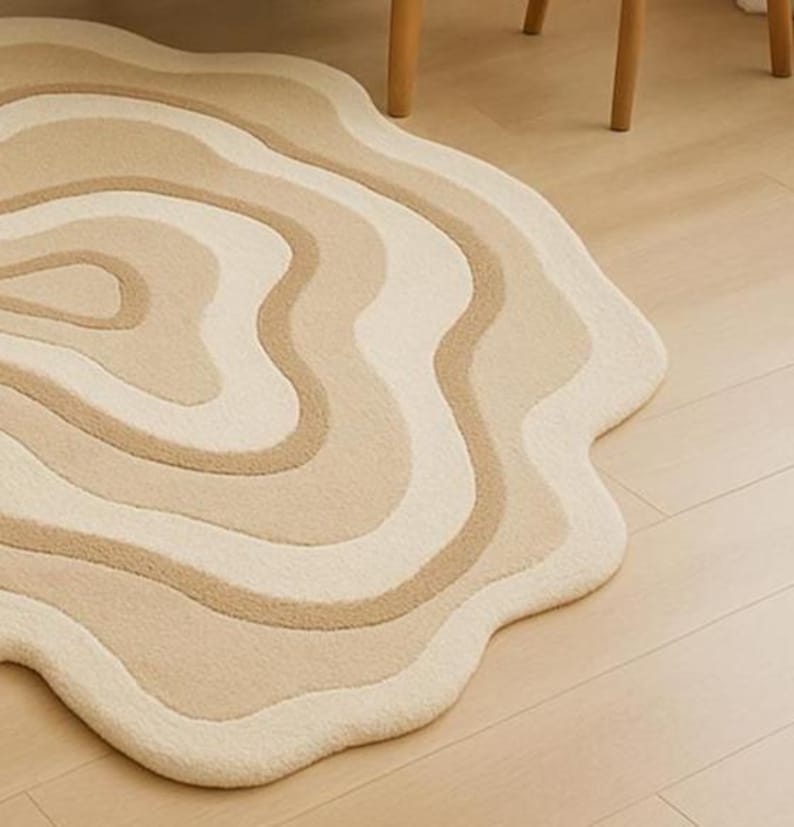Modern Abstract Beige Rug – Wavy Organic Shape Wool Area Rug | Neutral ...