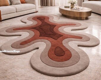 Hand-Tufted Amoeba Rug, Rust Gradient, Funky Floor Decor