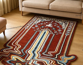 Hand-Tufted Wool Rug – Rust Red Floral & Striped Artistic Carpet