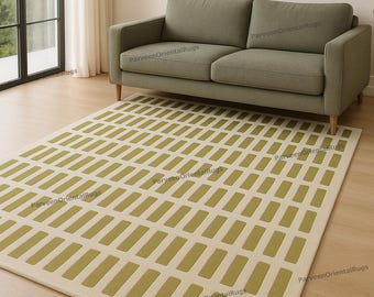 Handgetufteter Wollteppich - Modernes Olivgrünes Gitter-Design