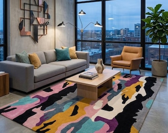 Hand Tufted Wool Abstract Area Rug, Bold Contemporary Living Room Carpet