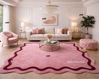 Blush Pink Wavy Wool Rug, Scalloped Edge Area Carpet, Modern Feminine Home Decor