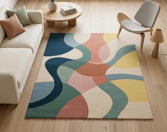 Hand Tufted Wool Abstract Wave Rug, Modern Home Decor Carpet