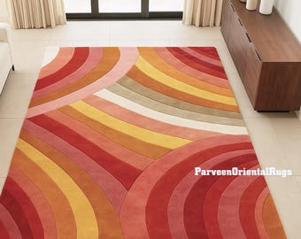 Multicolor Retro Wave Rug, Hand Tufted 100% Wool Area  Modern Rug for Living Room & Bedroom