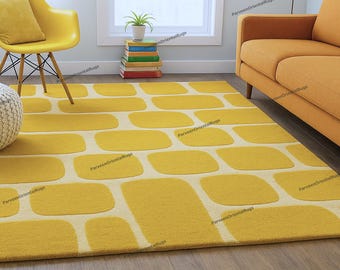 Tappeto a griglia gialla – Tappeto 100% lana annodato a mano, motivo a blocchi astratti, tappeto geometrico luminoso per soggiorno, camera da letto, ufficio