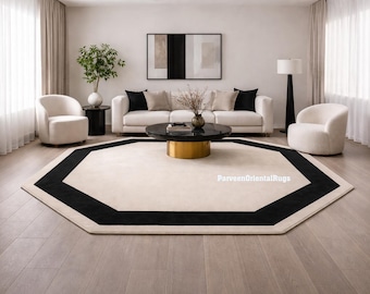 Hand Tufted Wool Octagon Rug, Ivory Black Border, Modern Geometric Area Rug