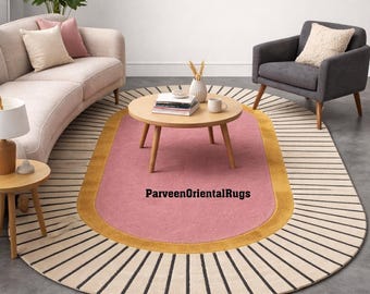 Hand Tufted Wool Oval Rug, Pink Mustard Abstract Striped Carpet, Modern Living Room Home