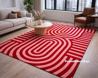 Red Pink Geometric Rug, Hand Tufted 100% Wool Rug, Handmade Carpet For Modern Room
