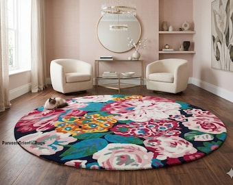 Hand Tufted Wool Floral Round Rug, Modern Botanical Statement Living Room Carpet