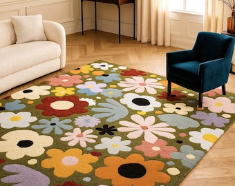 Hand Tufted Floral Area Rug, Colorful Flower Pattern Carpet, Modern Botanical Rug for Living Room, Bedroom & Home Decor