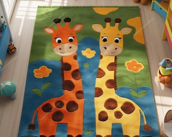 Hand-Tufted Giraffe Rug, 100% Wool, Kids Nursery Playroom Carpet