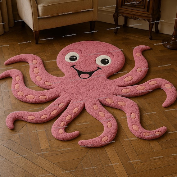 Cute Pink Octopus Rug  – Fun Ocean Theme Animal Carpet, Hand-Tufted 100% Wool Made Rug, Handmade Carpet For Nursery And Kids Room