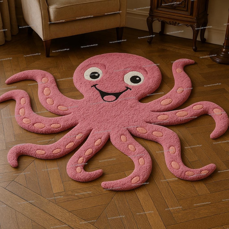 May include: A pink octopus-shaped rug with a tufted texture. The octopus features a smiling face with large white eyes, black pupils, and a black mouth. The eight tentacles are spread outward, each decorated with light pink oval suction cup details.
