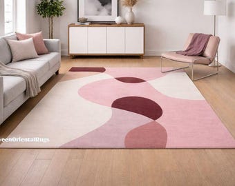 Pink Abstract Rug, Hand Tufted 100% Wool Rug, Handmade Carpet For Modern Room